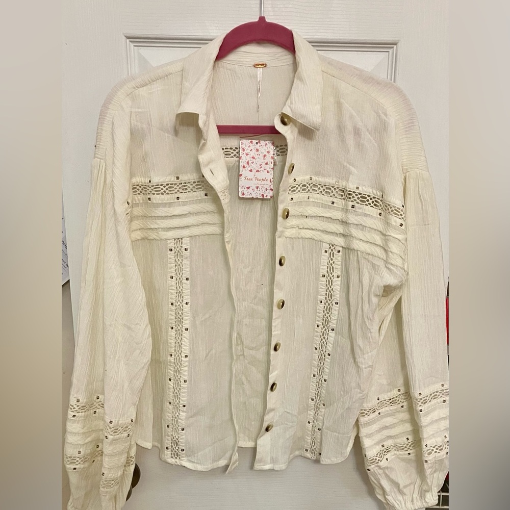 NEW Free People Ranch Style Button-Up Ivory Gauze Top Small Long Sleeve